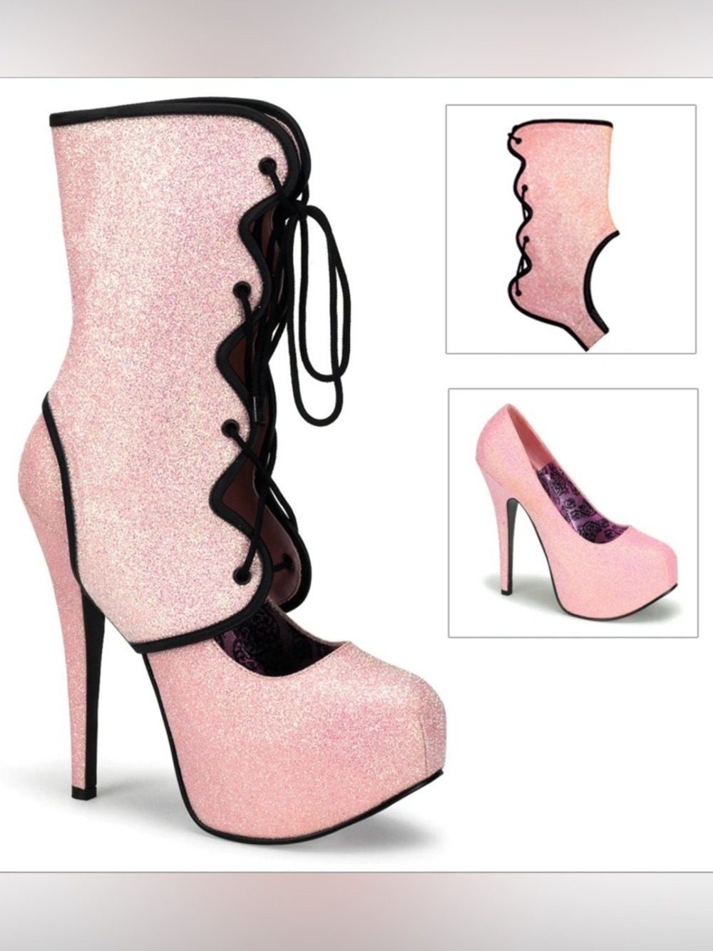 Bordello Teeze-31G Pink Glitter Platform Pumps Boots Heels Size 8 NWT